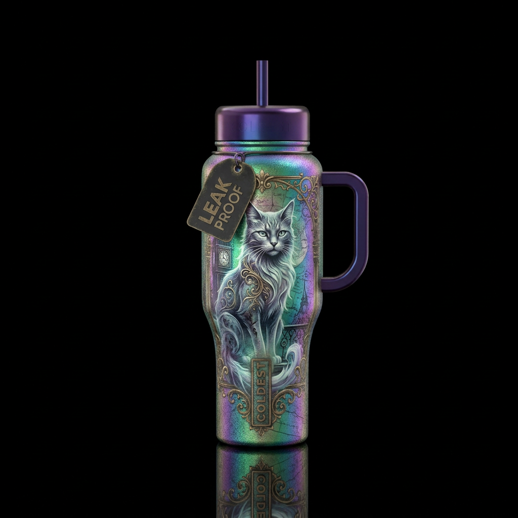 irridescent, european, haunted, cat water bottle design