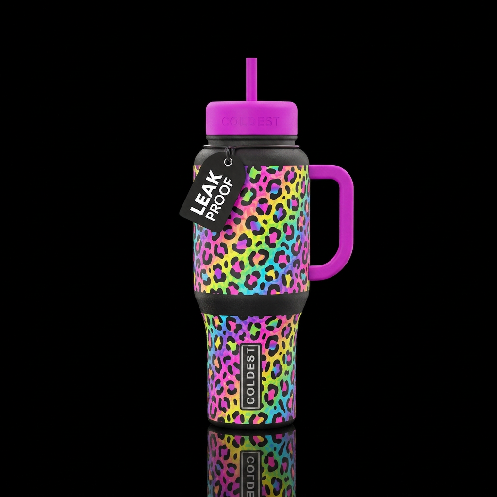 Lisa frank colorful cheetah print water bottle design