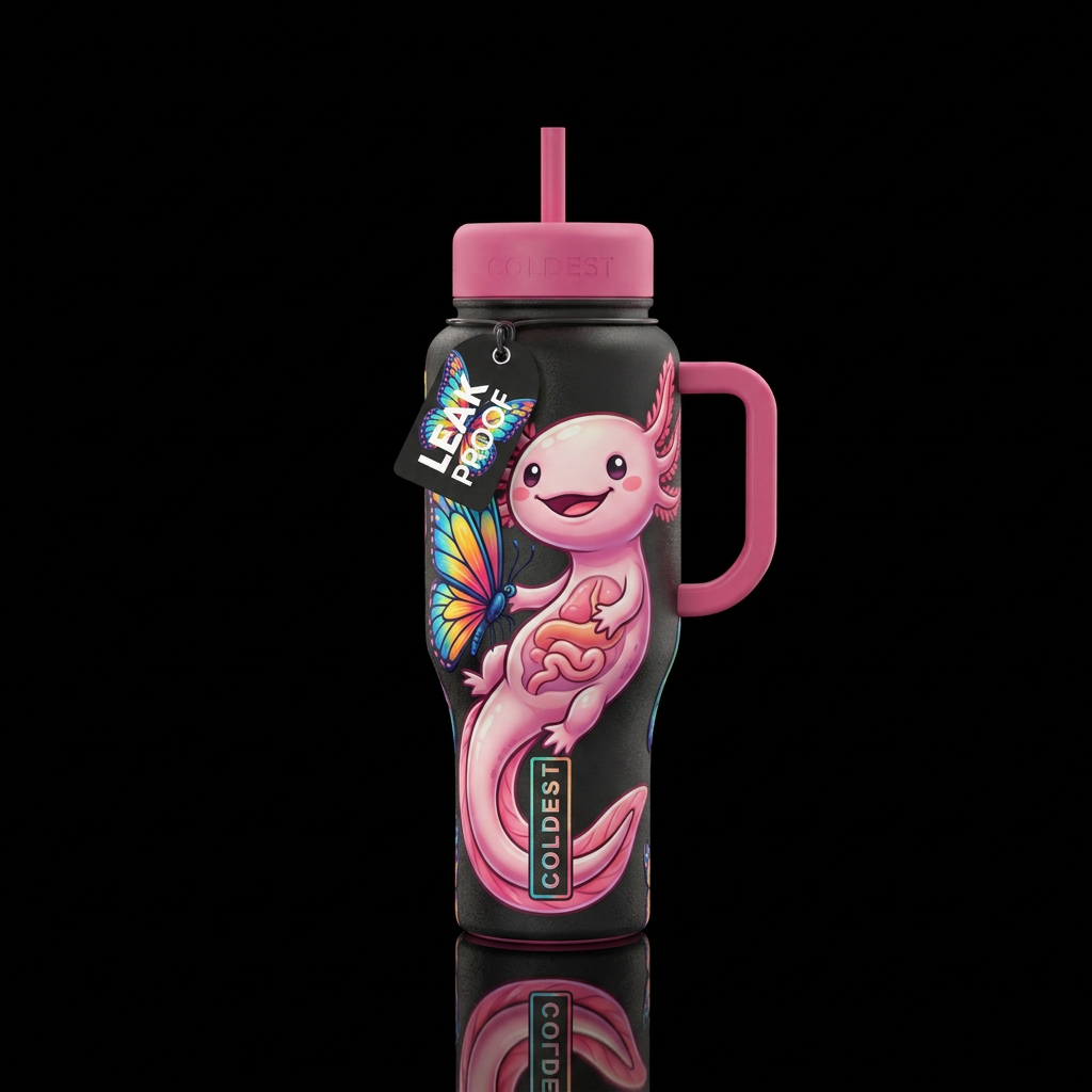 Axeloto, cartoon, realism, happy mood, butterfly water bottle design