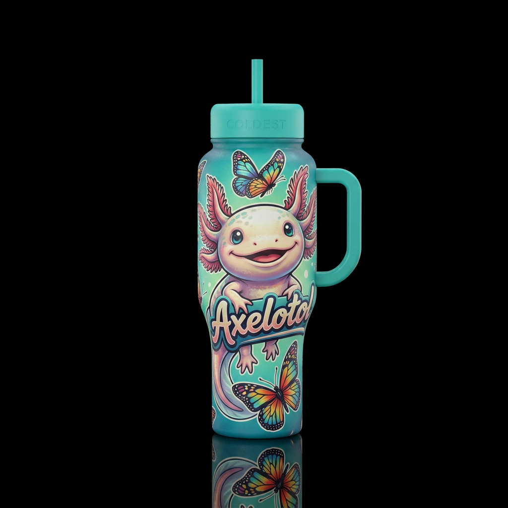 Axeloto, cartoon, realism, happy mood, butterfly water bottle design