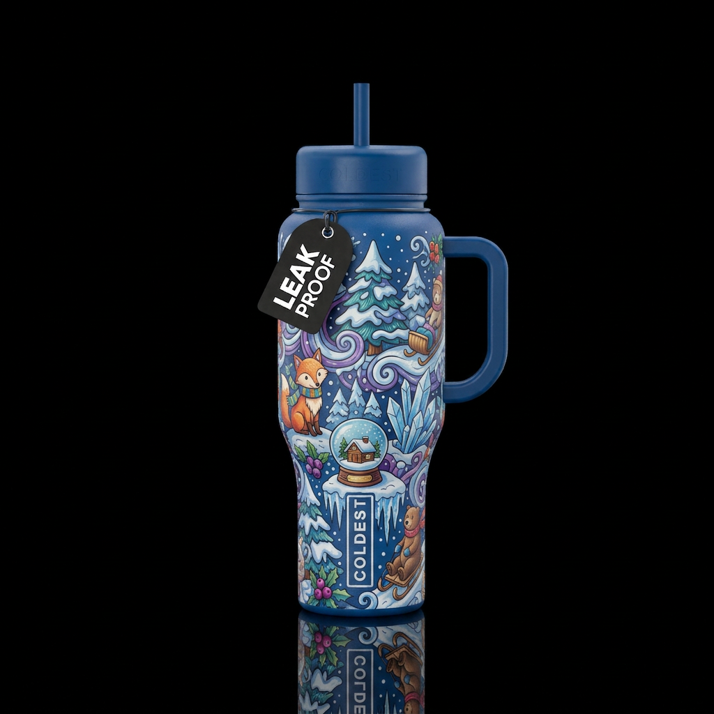winter wonderland, whimsical water bottle design