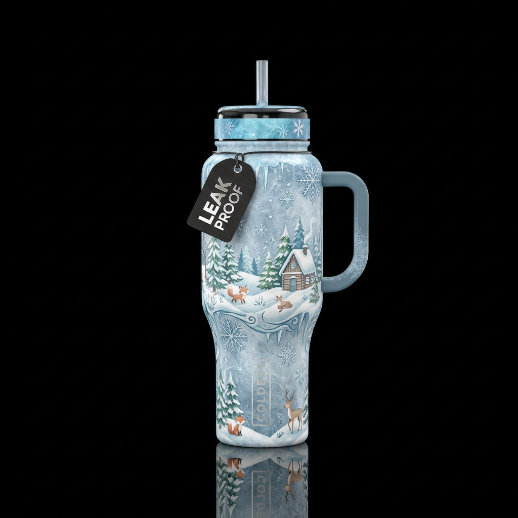 winter wonderland, whimsical water bottle design