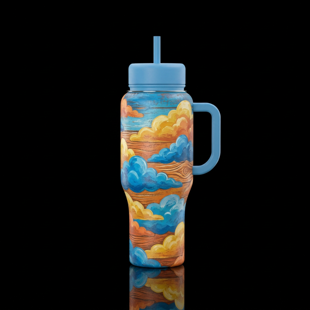 clouds, rustic, happy mood water bottle design