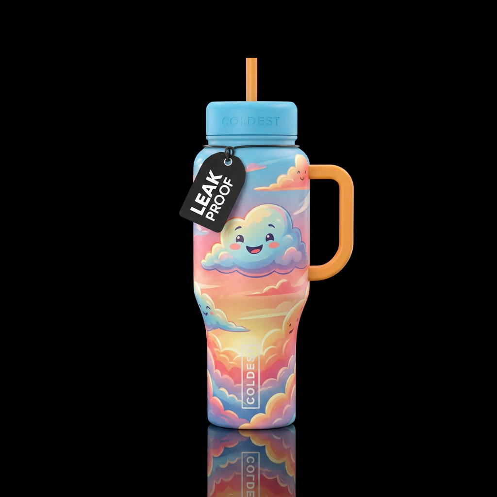 clouds, rustic, happy mood water bottle design