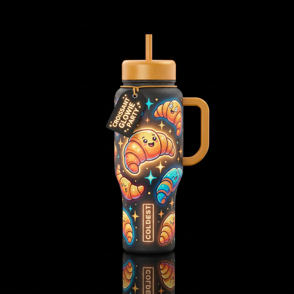 croissant, funny, glowie, sparkly water bottle design