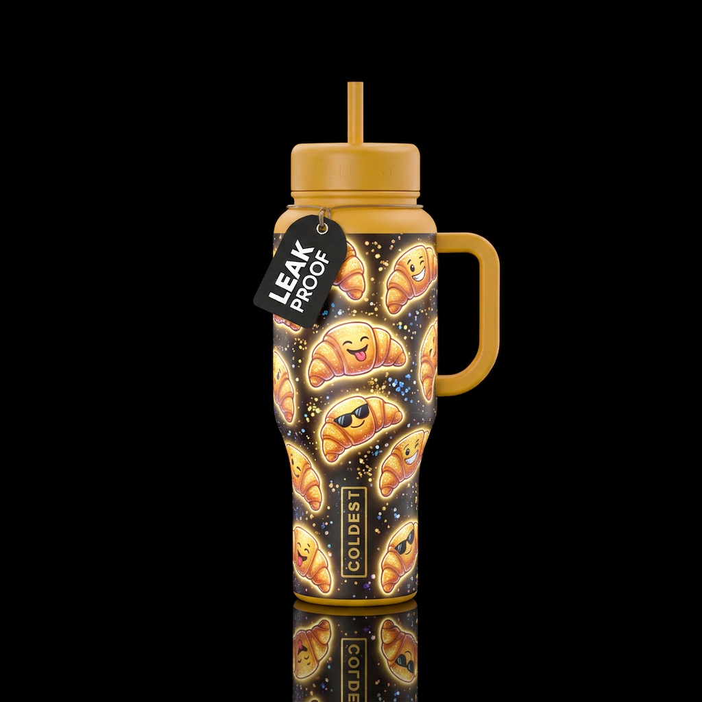 croissant, funny, glowie, sparkly water bottle design
