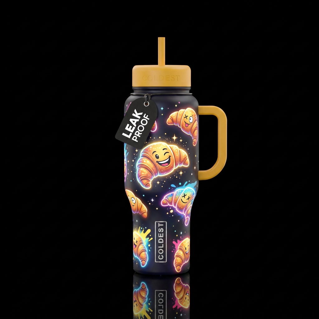 croissant, funny, glowie, sparkly water bottle design