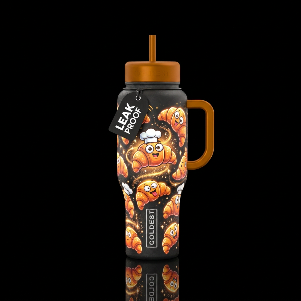 croissant, funny, glowie, sparkly water bottle design