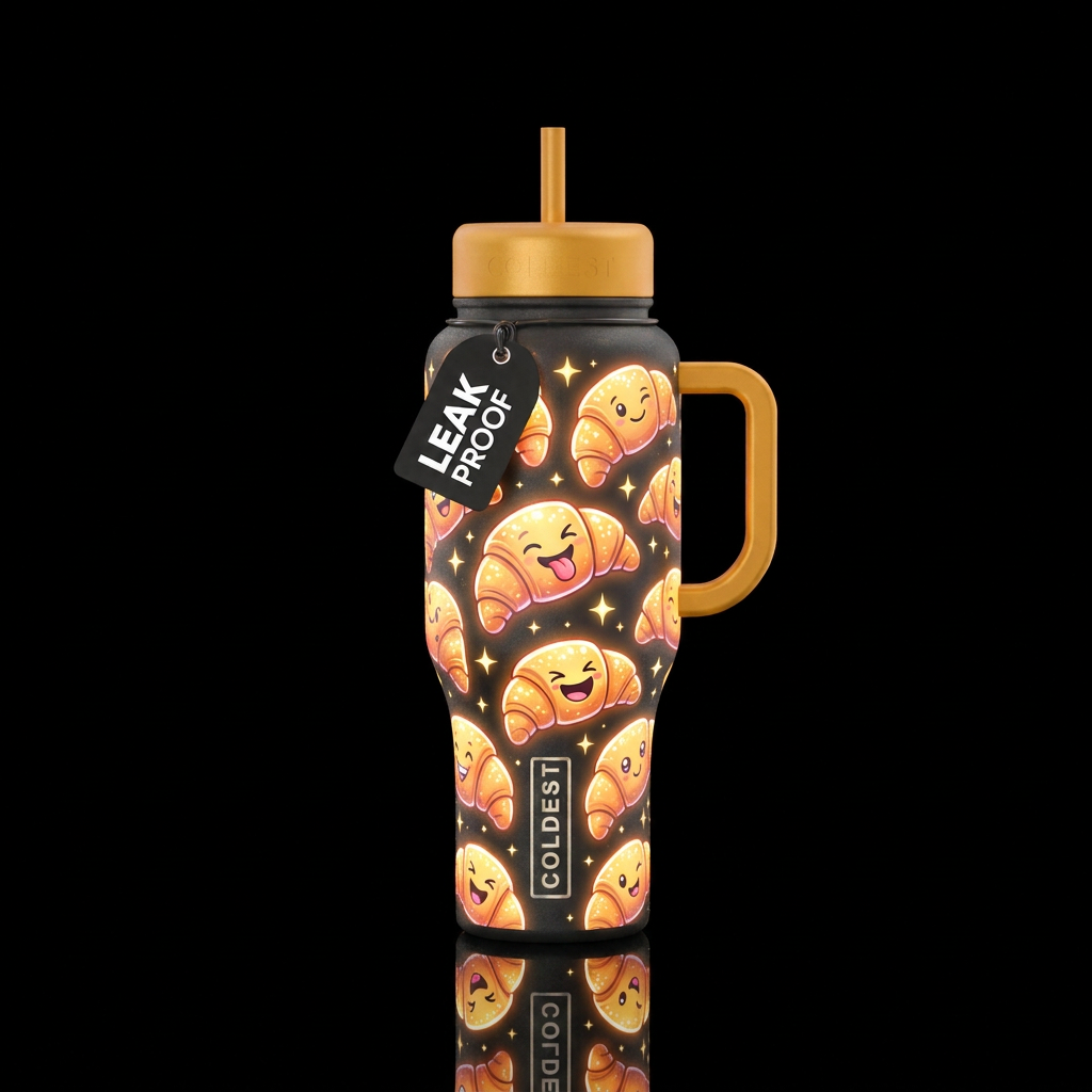 croissant, funny, glowie, sparkly water bottle design