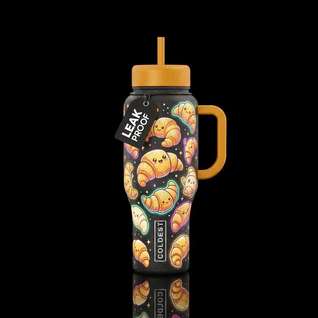 croissant, funny, glowie, sparkly water bottle design