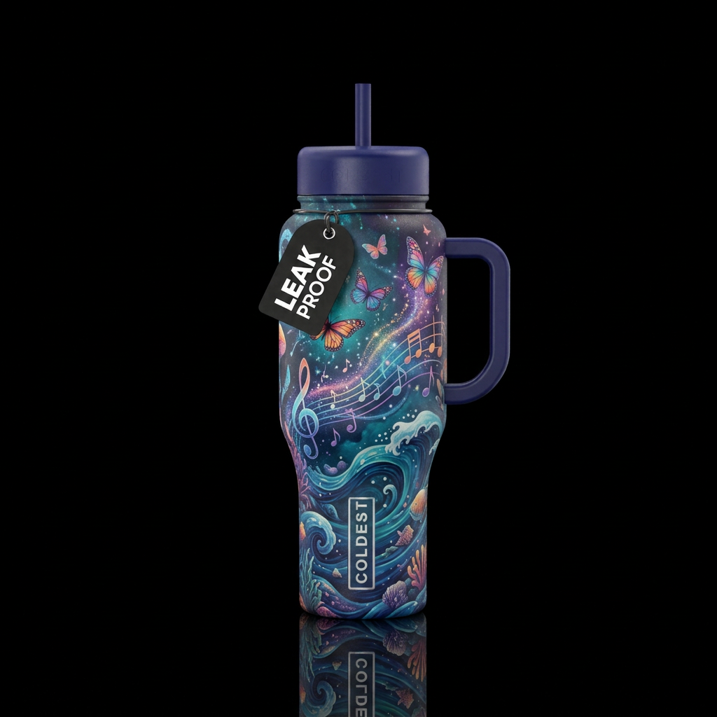 ocean, butterfly, magic, music water bottle design