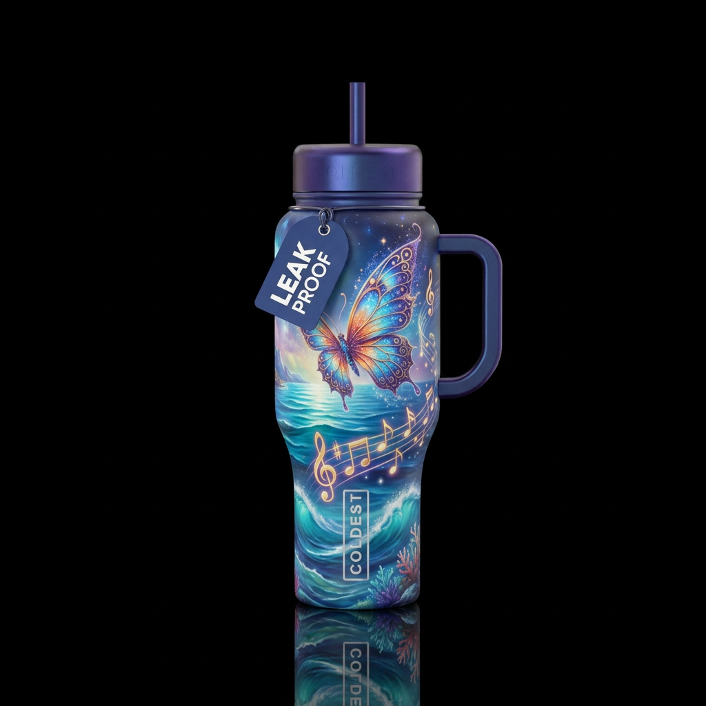 ocean, butterfly, magic, music water bottle design