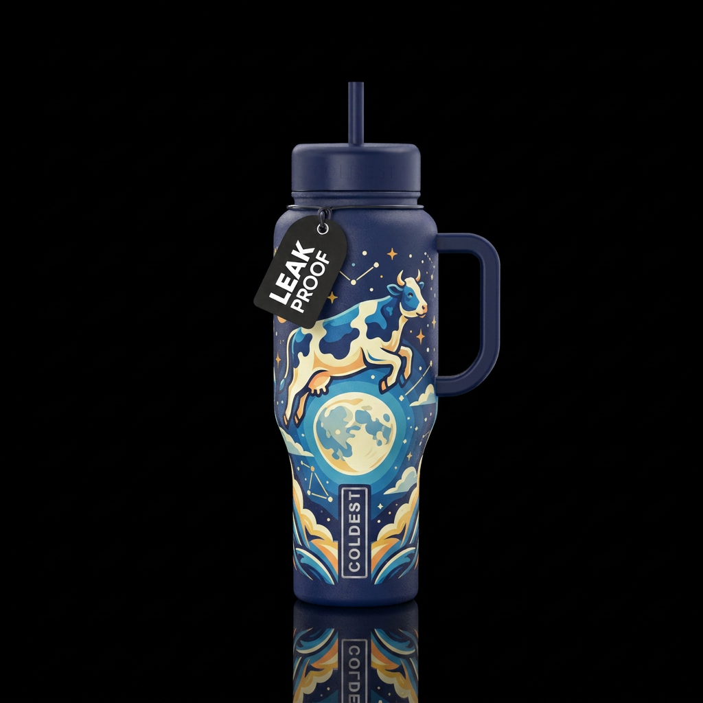 Cow jumping over the moon water bottle design