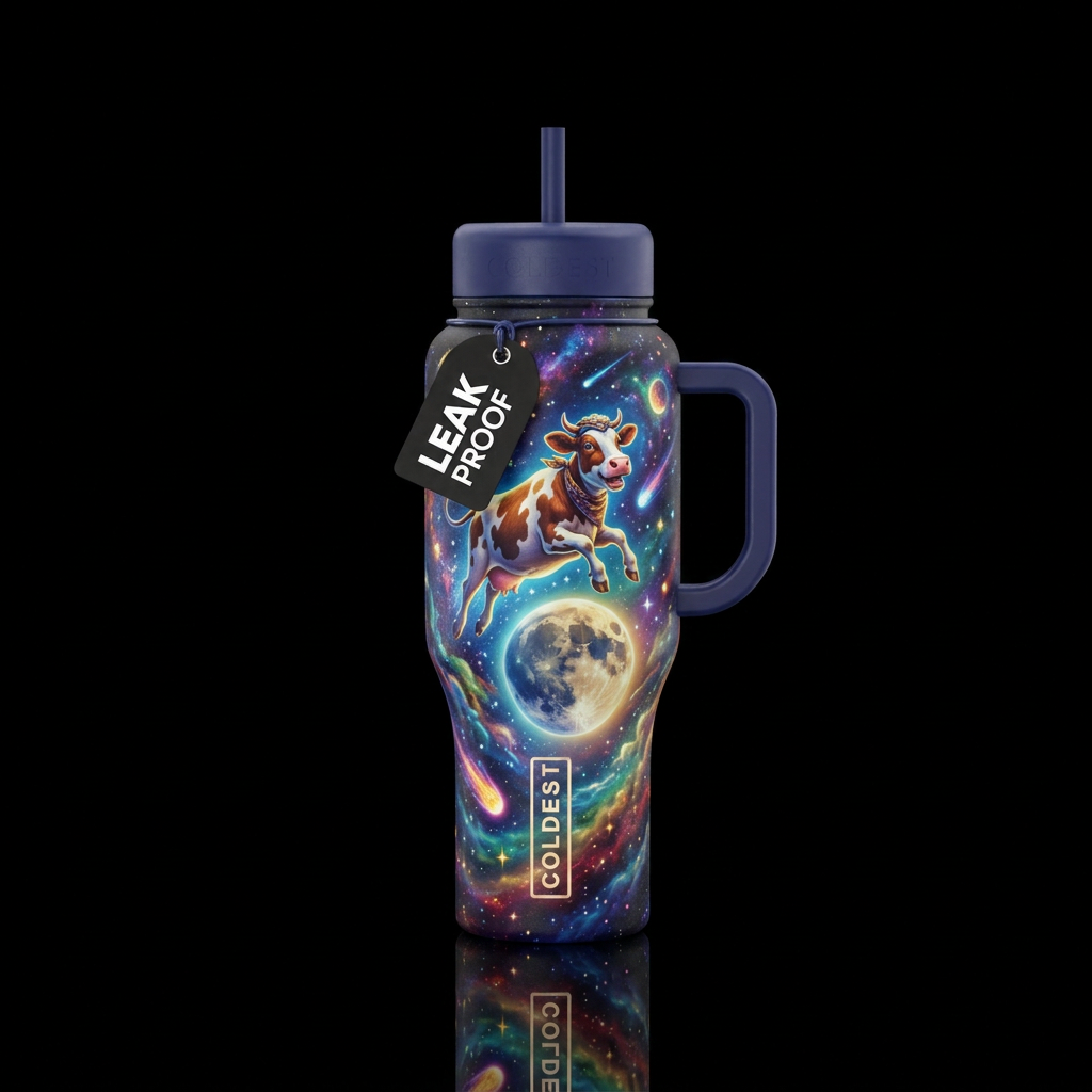 Cow jumping over the moon water bottle design
