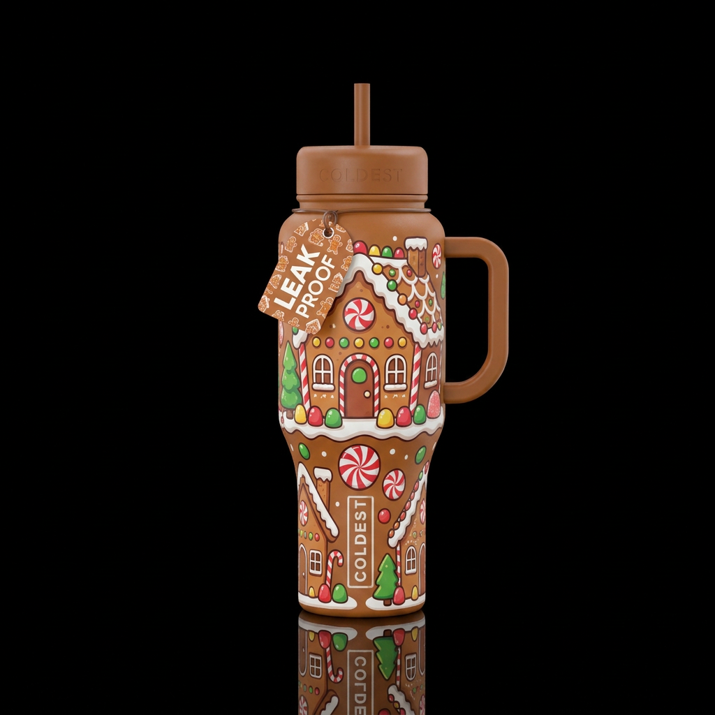 Gingerbread house, cartoon, cute, sweet water bottle design