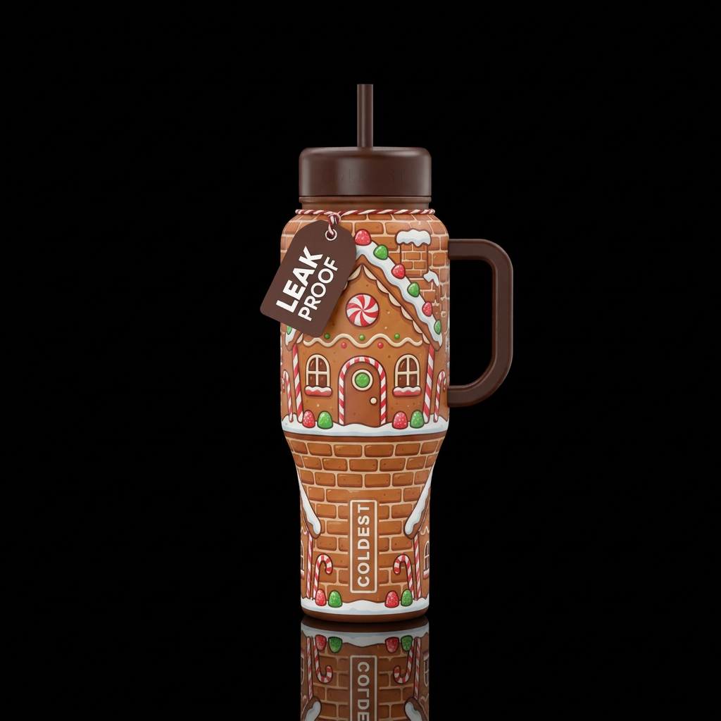 Gingerbread house, cartoon, cute, sweet water bottle design