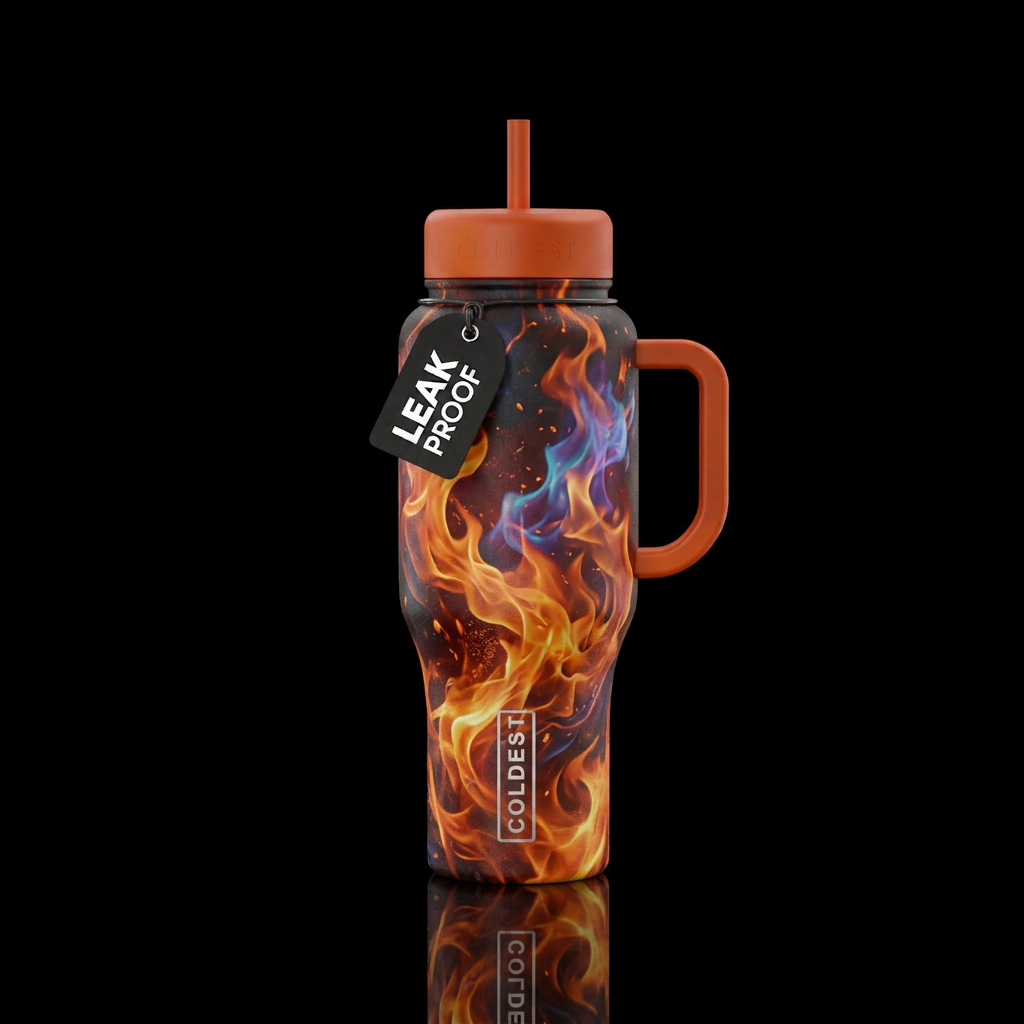 firery, realism, beautiul, vibrant, magical water bottle design