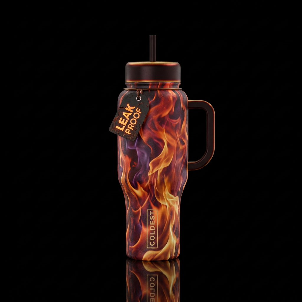 firery, realism, beautiul, vibrant, magical water bottle design