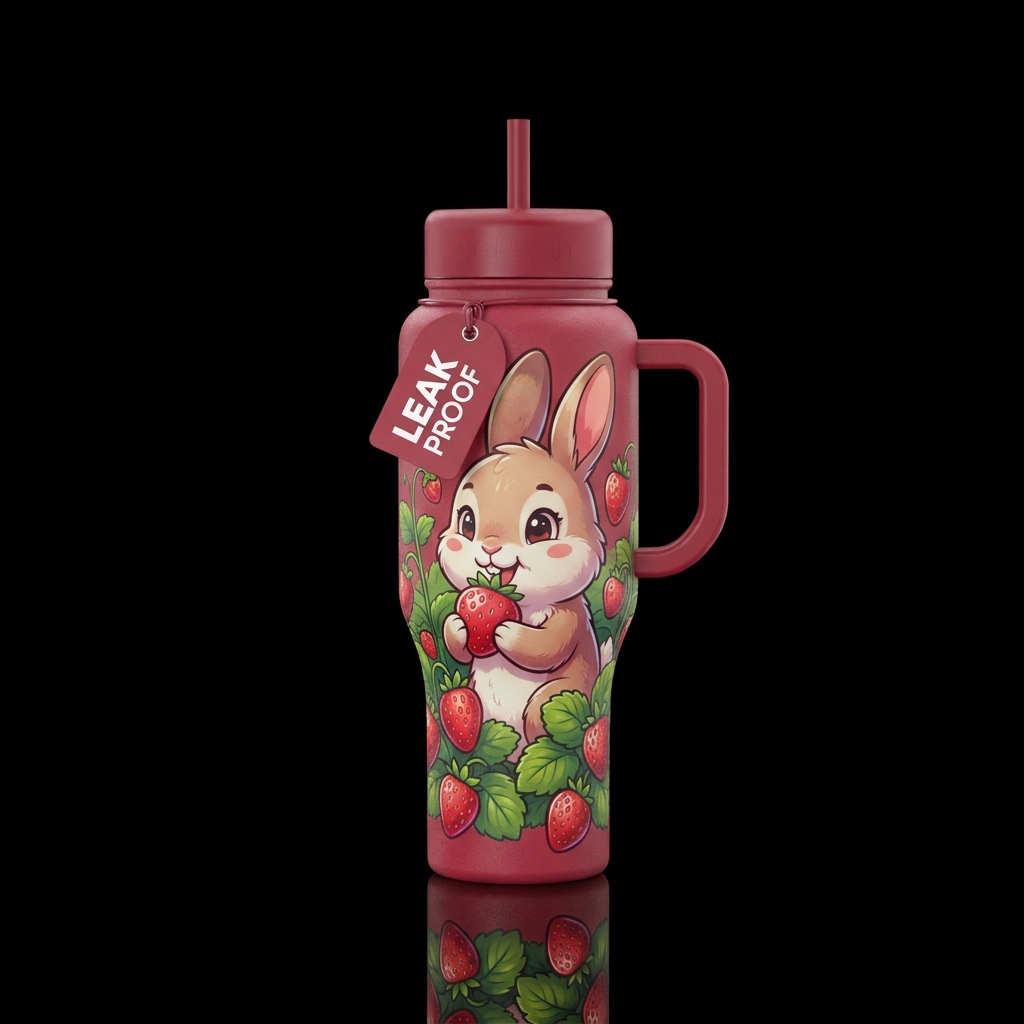 Bunny eating strawberries cartoon water bottle design