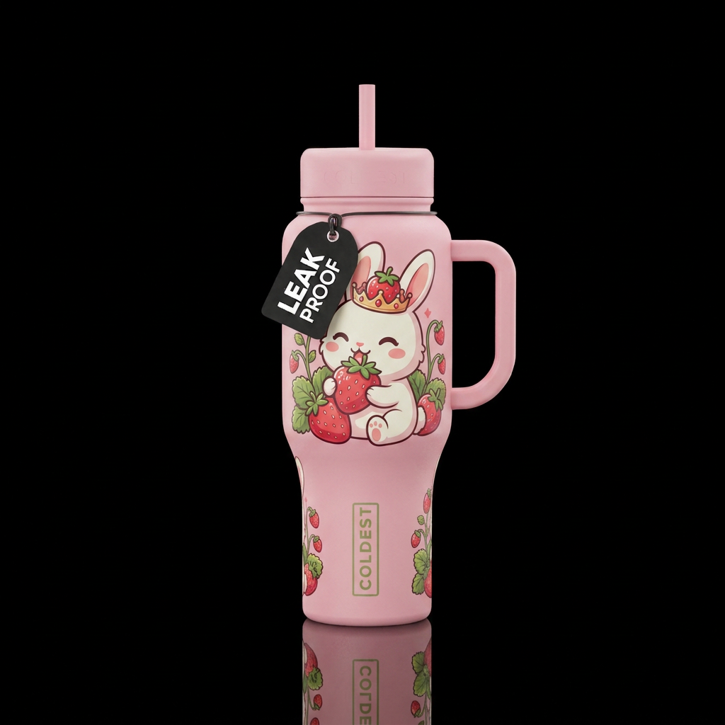 Bunny eating strawberries cartoon water bottle design