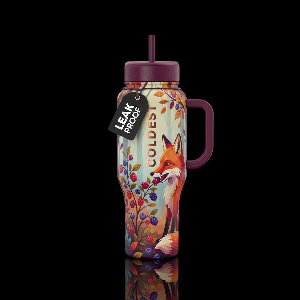 Fox eating berries water bottle design
