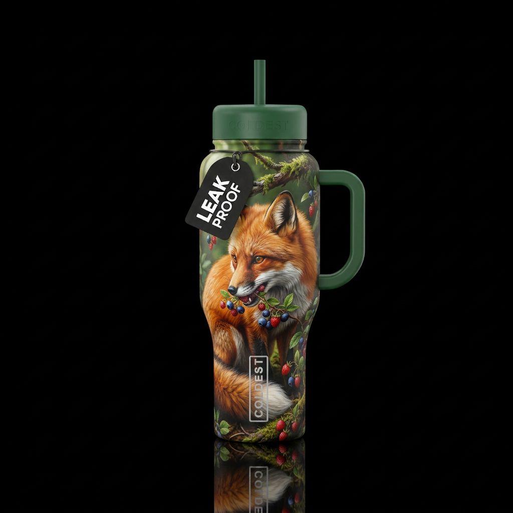 Fox eating berries water bottle design