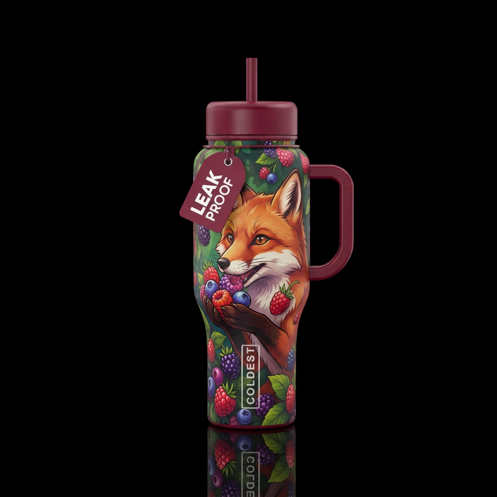 Fox eating berries cartoon water bottle design