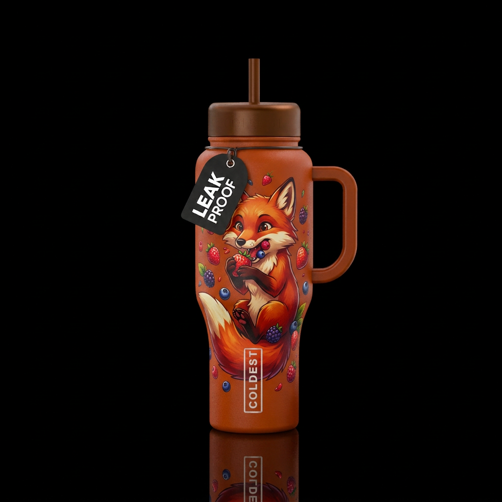 Fox eating berries cartoon water bottle design
