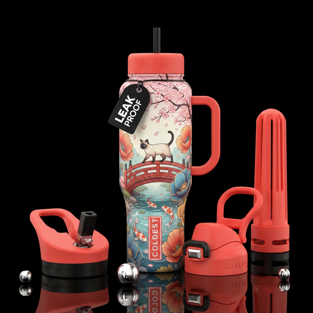 Siamese cat walking over Asian bridge over koi fis... water bottle design