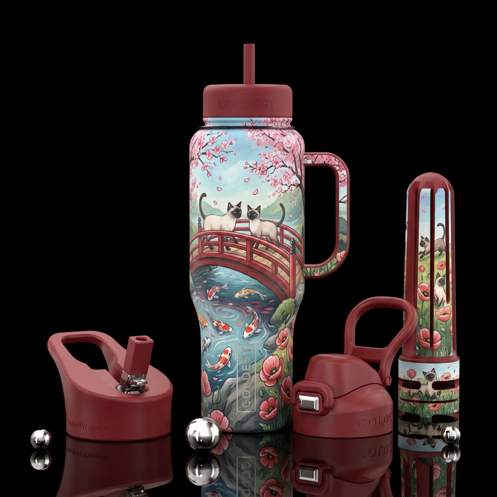 Siamese cat walking over Asian bridge over koi fis... water bottle design