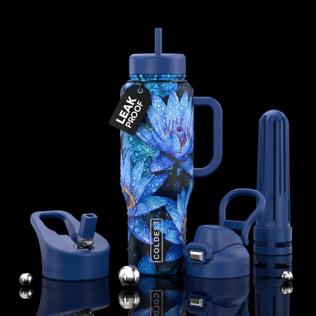 Dewy drop blue lotus flowers high resolution image water bottle design
