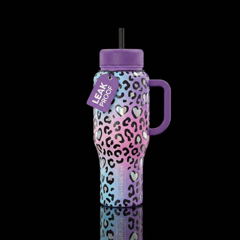 Gradient Light blue, pink, into purple background,... water bottle design