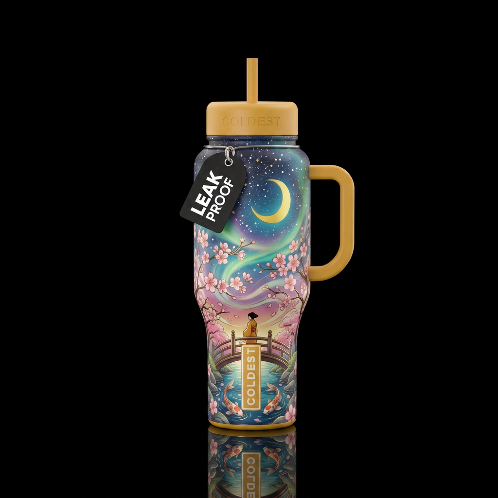 Golden yellow crescent moon in a starry sky, with ... water bottle design