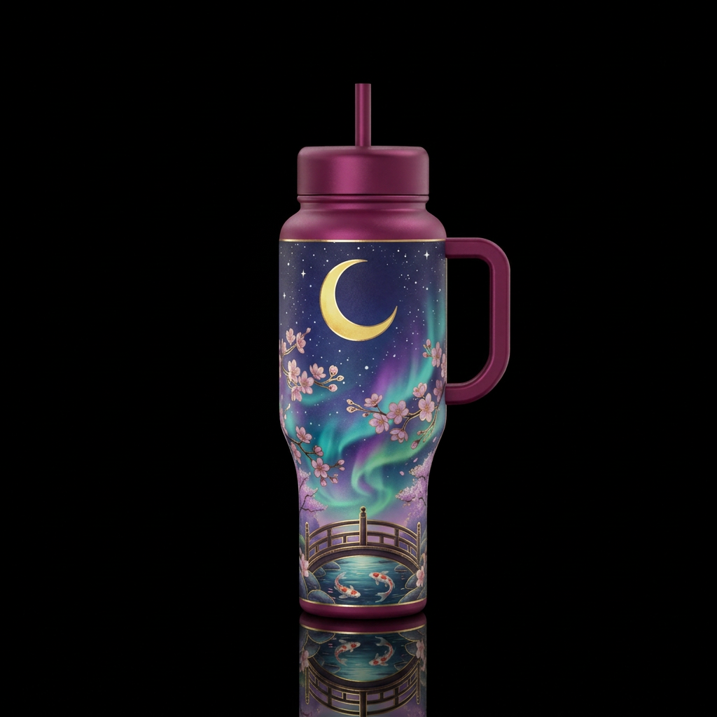 Golden yellow crescent moon in a starry sky, with ... water bottle design