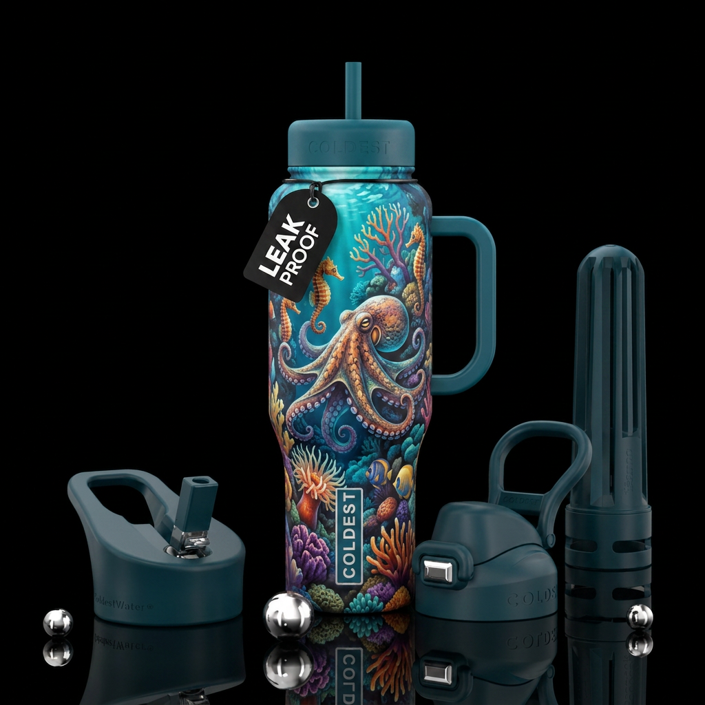 Ocean octopus seahorse coral reef water bottle design