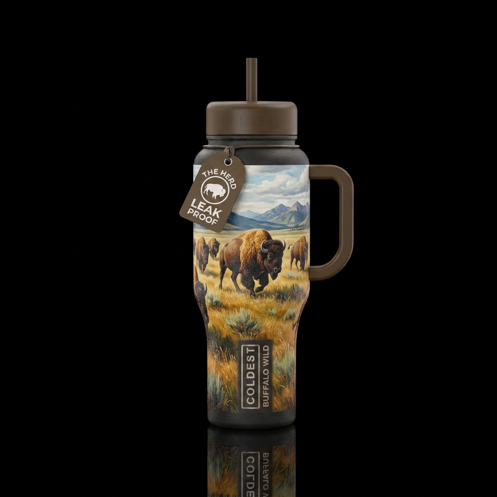 Buffalo running in a field water bottle design