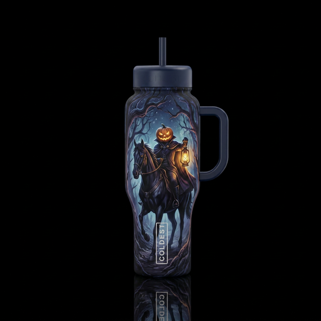The headless horseman riding in the forest at nigh... water bottle design