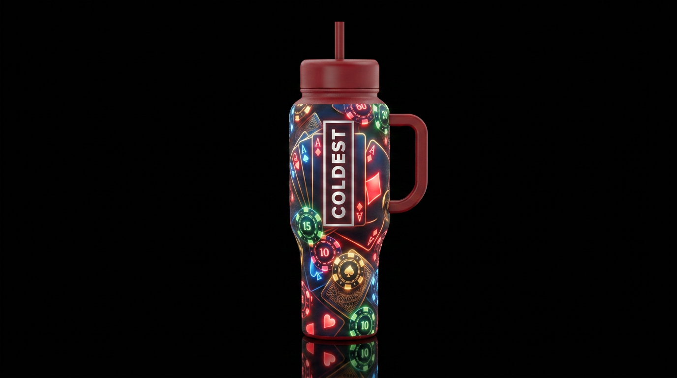 Glowie poker chips and playing cards water bottle design