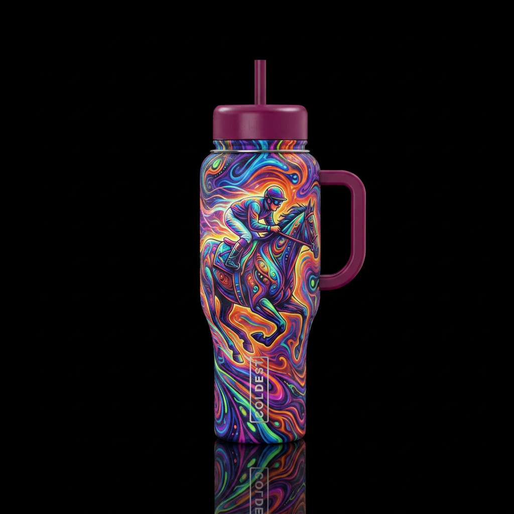 Psychedelic jockey on a race horse in motion water bottle design