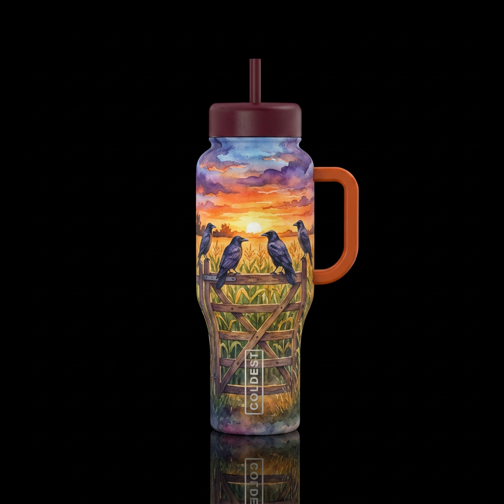 5 crows sitting on a wooden gate in a corn field a... water bottle design