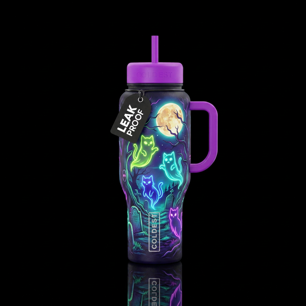 Neon cats ghost's at a spooky cemetery at night wi... water bottle design