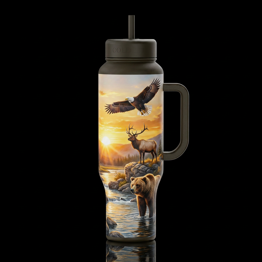 realism yellow stone park flying American eagle, e... water bottle design