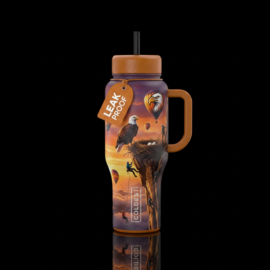 rock climbing eagle's nest sunset air balloons water bottle design