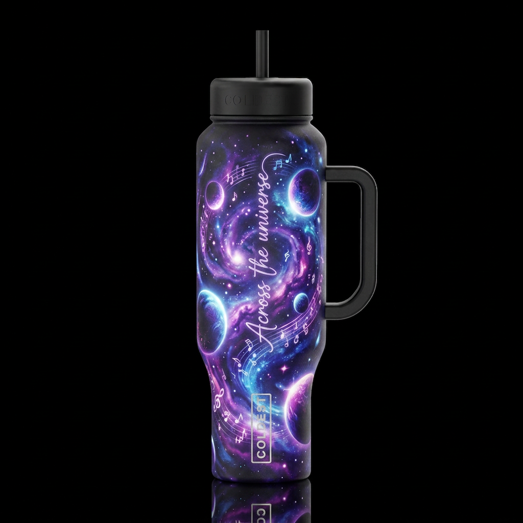 space, music notes planets, beautiul glowie Across... water bottle design