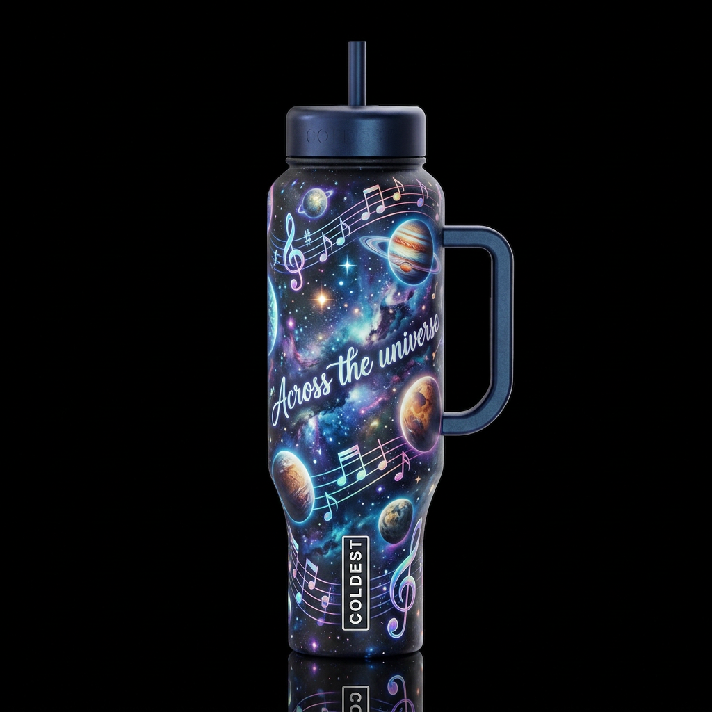 space, music notes planets, beautiul glowie Across... water bottle design