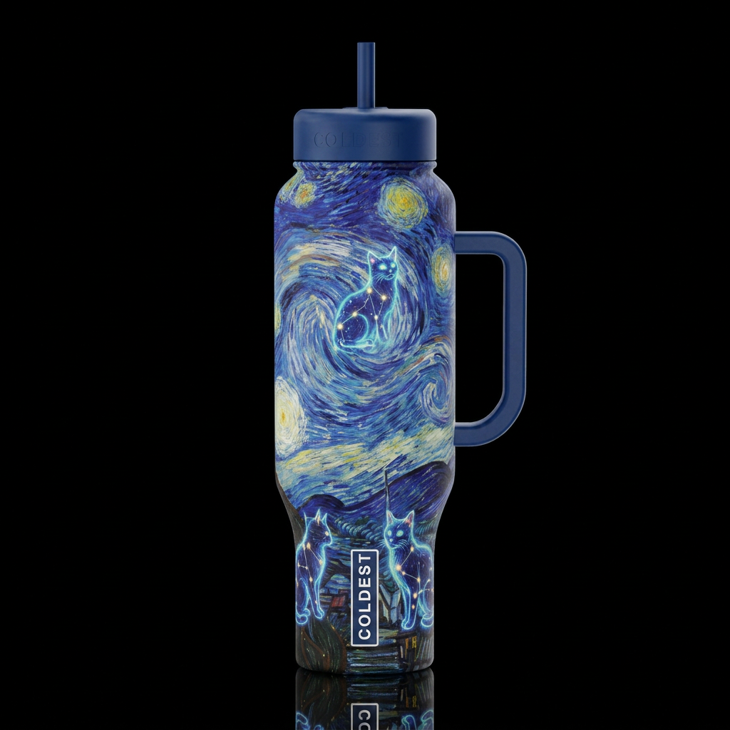 starry night, oil painted, glowie cats water bottle design