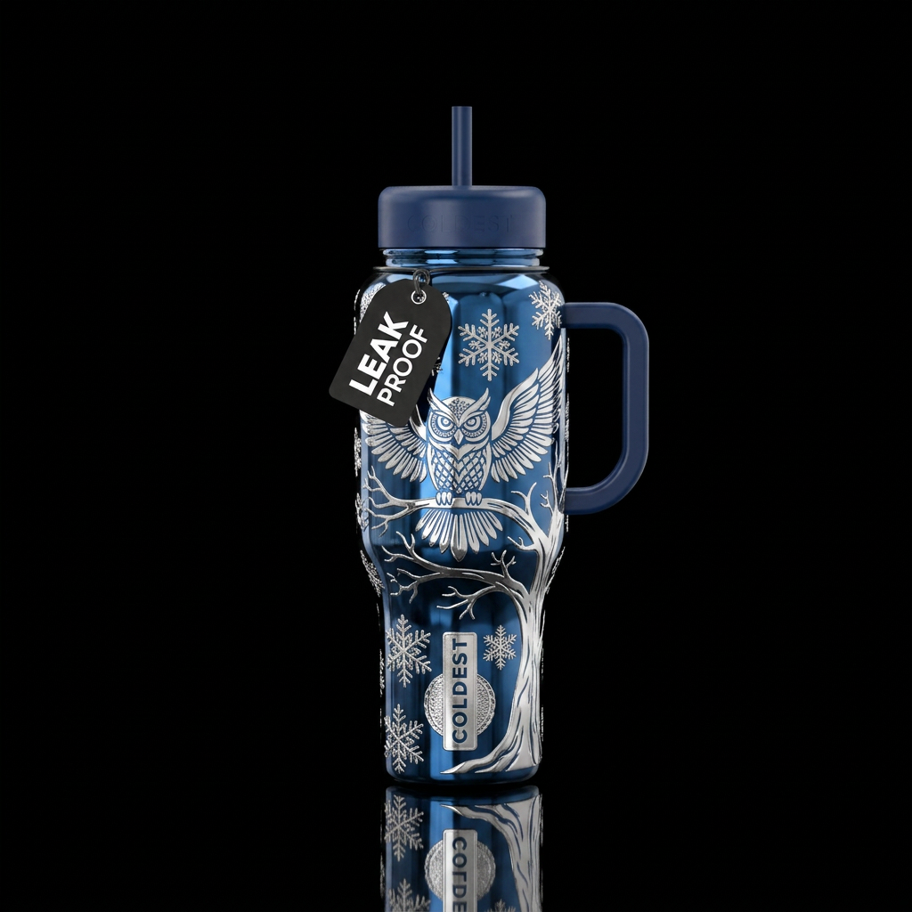 Chrome owl in tree snow flakes water bottle design