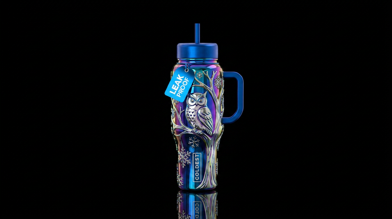 Chrome owl in tree snow flakes water bottle design