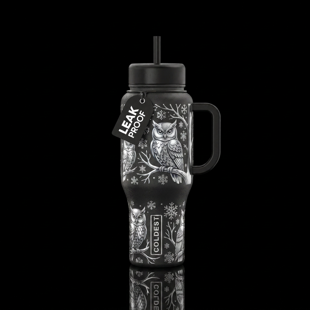 Chrome owl in tree snow flakes water bottle design
