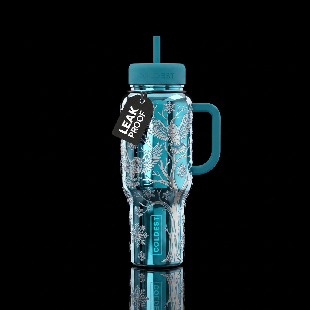 Chrome owl in tree snow flakes water bottle design